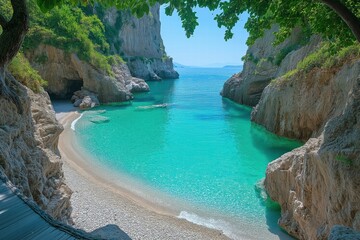 Crystal clear turquoise waters reveal hidden beach nestled among rugged cliffs in a serene coastal...