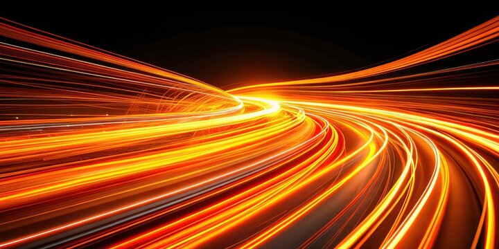 Abstract orange light streaks paint a modern, high-resolution digital artwork against a stark black backdrop.