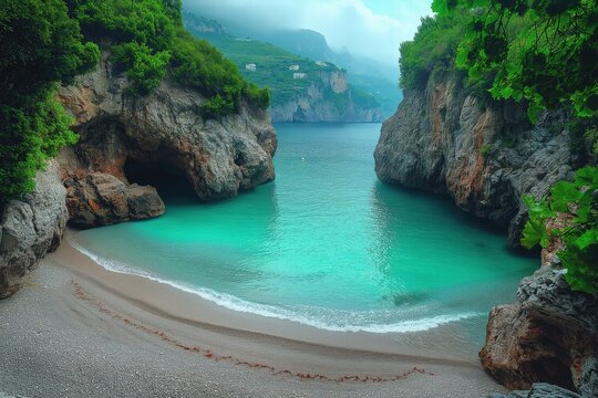 Serene cove with turquoise waters and rocky cliffs in a coastal landscape - Powered by Adobe