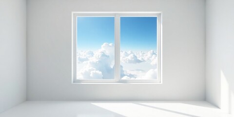 Fototapeta premium Serene Minimalist Room with a View of Expansive Clouds and a Bright Sky Through a Large Window