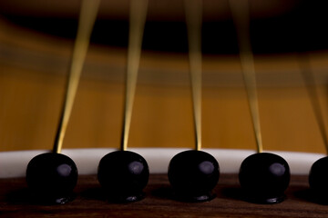 A six-string guitar bridge with gold strings. taken in close-up in dark colors with space for text
