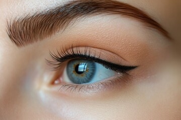 Obraz premium Close-up of a woman's eye with defined brows and eyeliner. Ideal for beauty, cosmetics, and makeup websites showcasing eye enhancements.