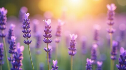 Obraz premium Serene Sunset Lavender Field Delicate Purple Blossoms Bathed in Golden Hour Light