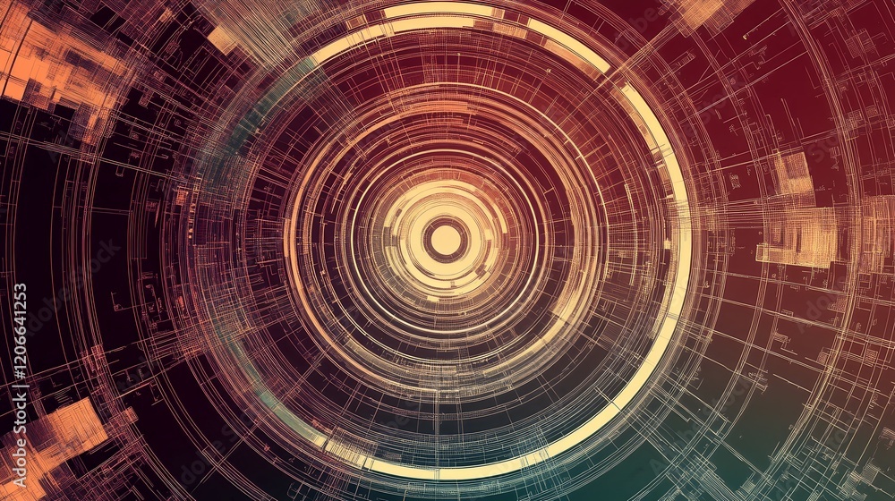 Poster abstract circular design with layered lines and warm colors, evoking a sense of depth.