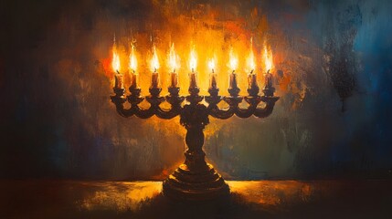 Fototapeta premium A Menorah with Eight Burning Candles Illuminates the Night