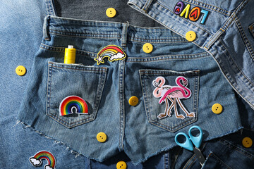 Denim clothing and decorative accessories, top view