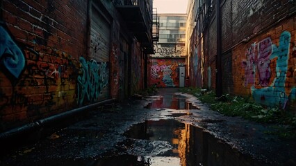 Fototapeta premium Urban Alleyway with Graffiti at Sunset
