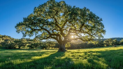 Fototapeta premium Large oak tree in sunlit field, green grass. Perfect for nature, peace, or growth themes, evokes serenity and tranquility.