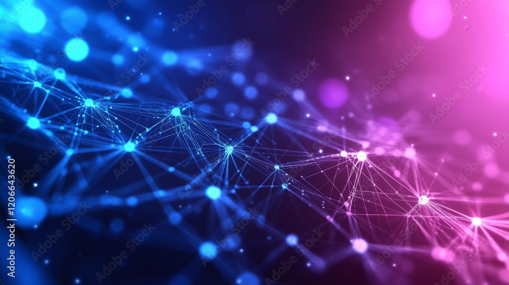 Poster abstract digital network visualization with glowing nodes and connections in vibrant colors.