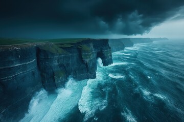 Stormy sea waves crash against dramatic cliffs under moody skies in a coastal landscape