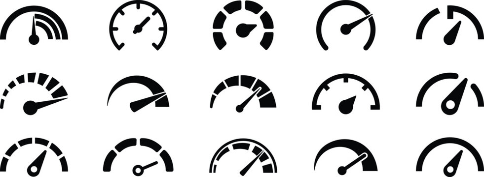 Speedometer icon. Speed indicator icon flat set. Feedback Rating meter performance concept Dashboard level scale vector for apps Fast speed sign low and high barometers, gauge, score progress