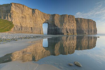 Majestic coastal cliffs reflecting in calm water at dawn in a serene landscape