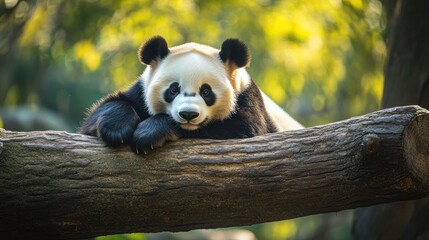 Fototapeta premium Adorable Panda Resting on a Log in a Lush Green Habitat