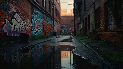 Fototapeta premium Reflective City Alley with Graffiti Art