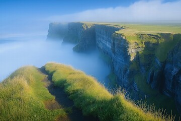 Stunning cliffs rise dramatically above misty ocean waves on a serene morning in a coastal landscape