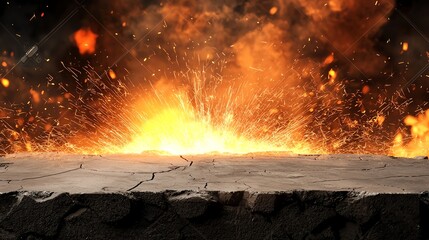 A fiery explosion erupts from a cracked surface, sending embers and sparks into the air, creating a dramatic and intense visual display.