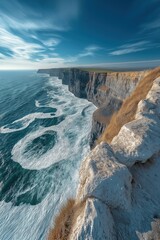 Coastal cliffs drop into vast ocean under a clear blue sky at sunset