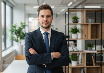 Fototapeta premium A confident young businessman in a dark suit standing in a modern brightly lit office