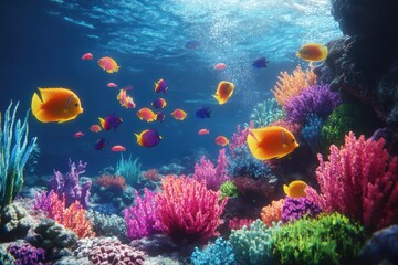 Obraz premium Playful fish swimming in an underwater scene filled with vibrant coral and dynamic water currents, creating a lively and colorful marine environment.