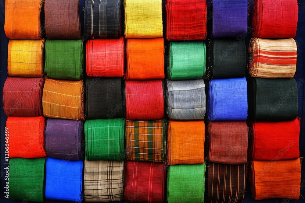 Poster vibrant collection of rolled textiles showcasing a variety of colors and patterns arranged in a grid