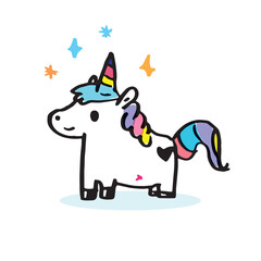 Cute doodle cartoon hand drawn unicorn illustration,Cute doodle horse, cute animal