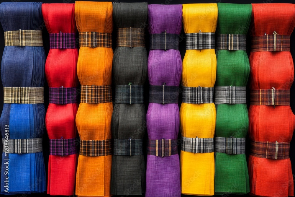 Poster colorful rolls of fabric in multiple hues arranged in neat rows at a market stall showcasing vibrant