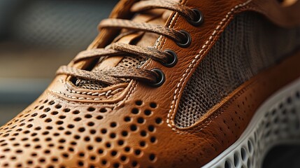 A close-up of a sneaker design with intricate stitching details and a blend of materials like leather, mesh, and suede