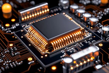 Microchip technology illuminated on a circuit board showcases intricate electronic design and modern engineering