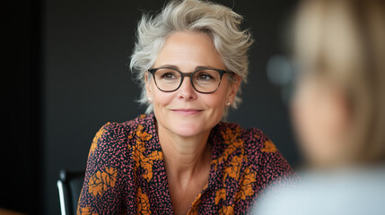 a woman with gray hair wearing patterned blouse looks optimistic at table with another person in meeting situation