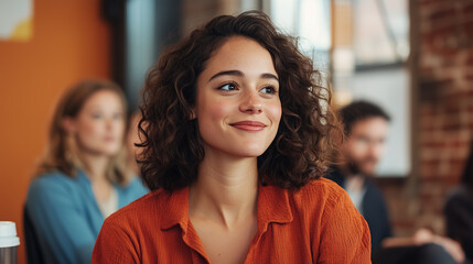 woman with brown curly hair wearing orange blouse look to right with smiling expression, with other colleagues listening in background