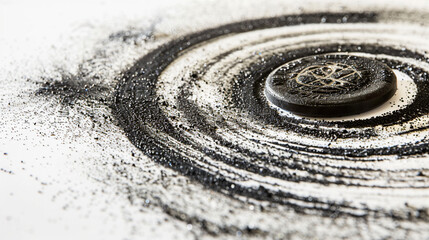 Naklejka premium Closeup of iron filings forming circular patterns around a bar magnet, illustrating magnetic field lines on a white surface at f/2.0, emphasizing science and clarity
