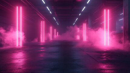 A dark, underground industrial street, with a wet floor and puddles, illuminated by neon lights in shades of pink and purple. 