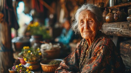 Obraz premium Elderly woman sitting at a rustic table surrounded by plants and pottery.
