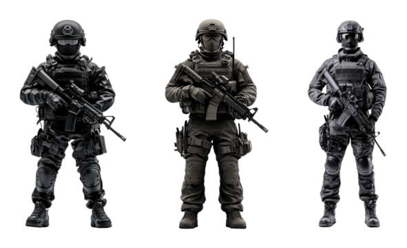 Three tactical soldiers in varied combat gear