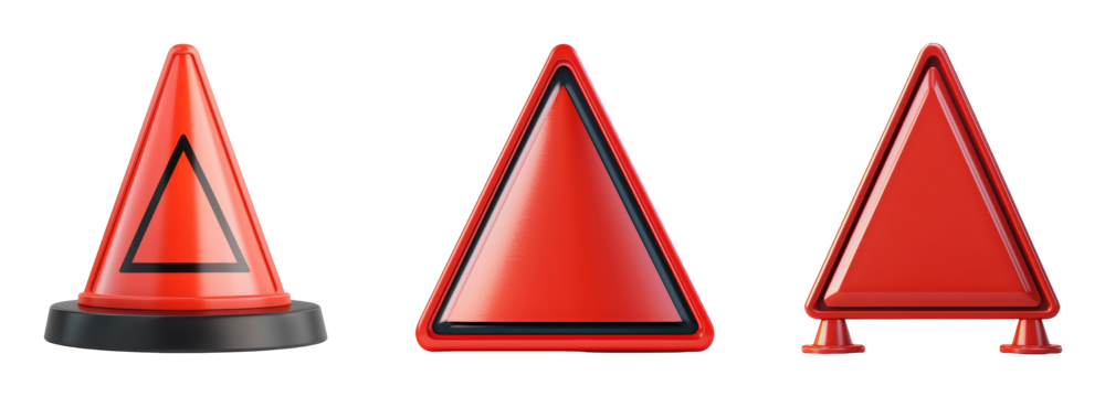 Three distinct red warning cones for safety signaling