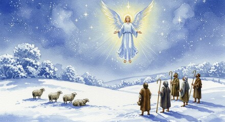 A watercolor scene of shepherds gathered in a snowy, serene landscape, gazing up at a radiant angel in the sky