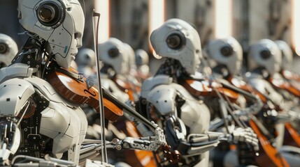 Obraz premium Robots playing violins in a futuristic concert setting.