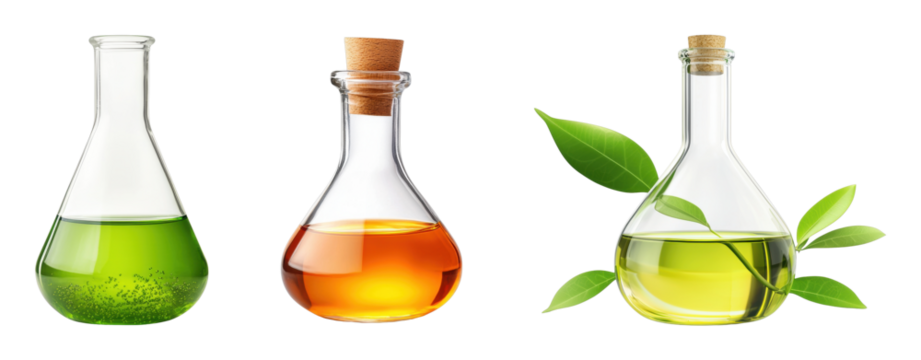 Colorful laboratory flasks with liquids and green leaves
