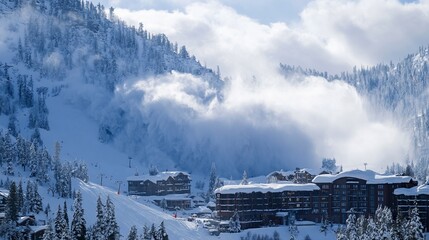 Snowy mountain resort, clouds rolling in, ski slope, winter vacation