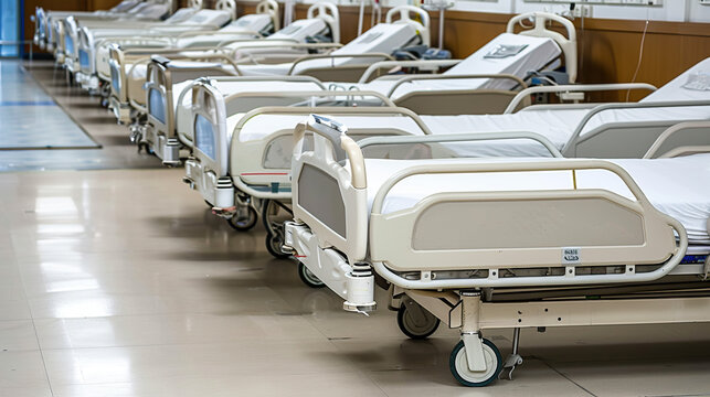 Desolate hospital hallway with empty patient beds under dim lighting, evoking a sense of financial struggle, shutdown, and bleak healthcare conditions in a sterile environment.
