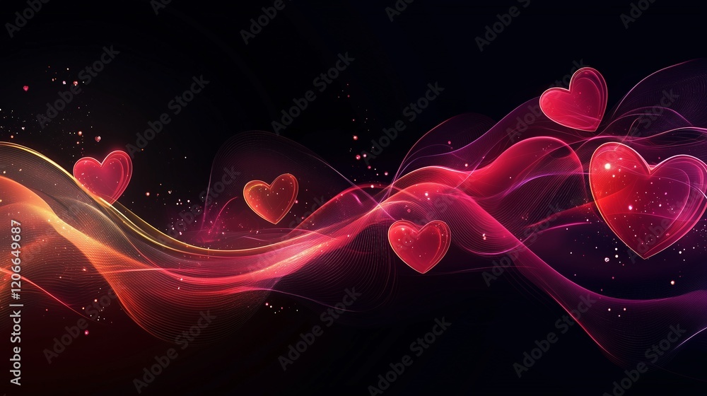 Poster red hearts and colorful wave shapes and lines on a dark background.