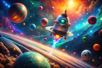 Naklejka premium A miniature spaceship bravely navigates a colossal, colorful nebula and planetary system, a charming tilt-shift journey.