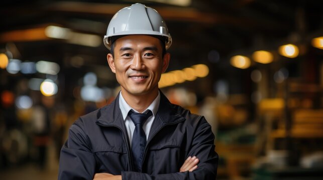 Professional man in hard hat smiling confidently in a workshop setting.