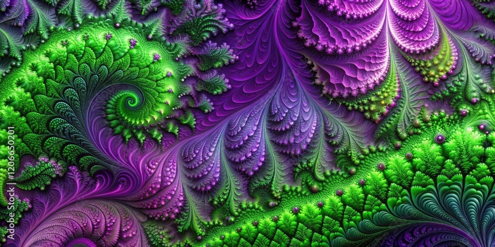 Poster a modern art design: abstract green-purple gradient background features surreal depth and intricate,