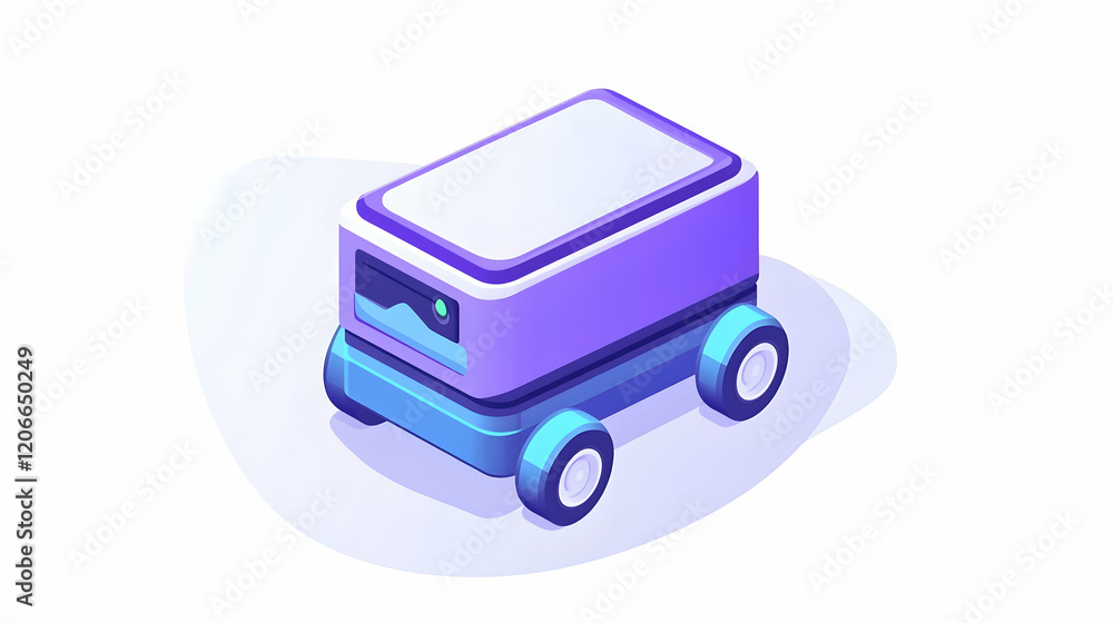 Poster autonomous delivery robot navigating a white background, suitable for technology or logistics websit