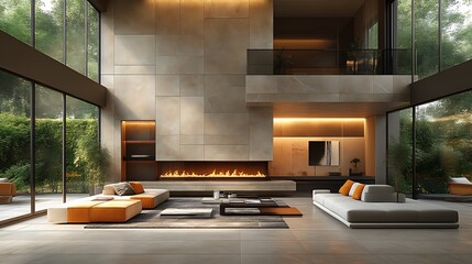 Modern living room with fireplace and large windows.
