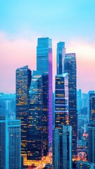 Fototapeta premium A vibrant city skyline at dusk, showcasing modern skyscrapers illuminated with colorful lights against a pastel sky.