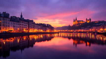 Fototapeta premium Cityscape at sunset, river reflection, buildings, cathedral, tourism