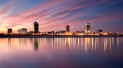 Naklejka premium Cityscape sunset reflection, waterfront skyline, tranquil evening, urban landscape, ideal for travel brochures