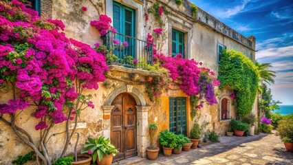 Fototapeta premium A picturesque Old Anacapri house facade, bathed in Mediterranean sun; a travel photographer's dream.
